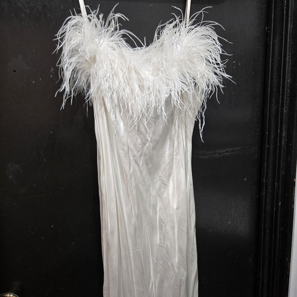 Sleeper White Feather-Trimmed Dress